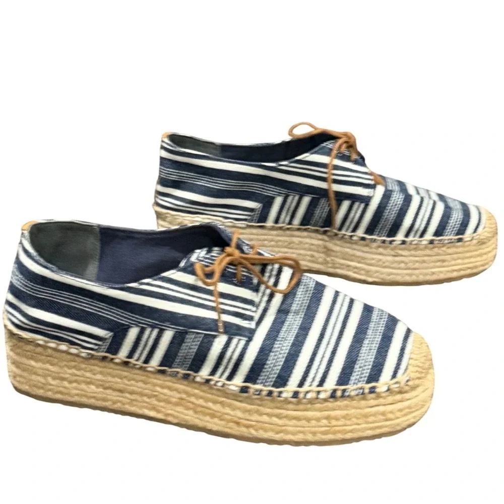 Tory Burch Florence Platform Espadrilles Women 9 Blue White Striped Canvas Shoes